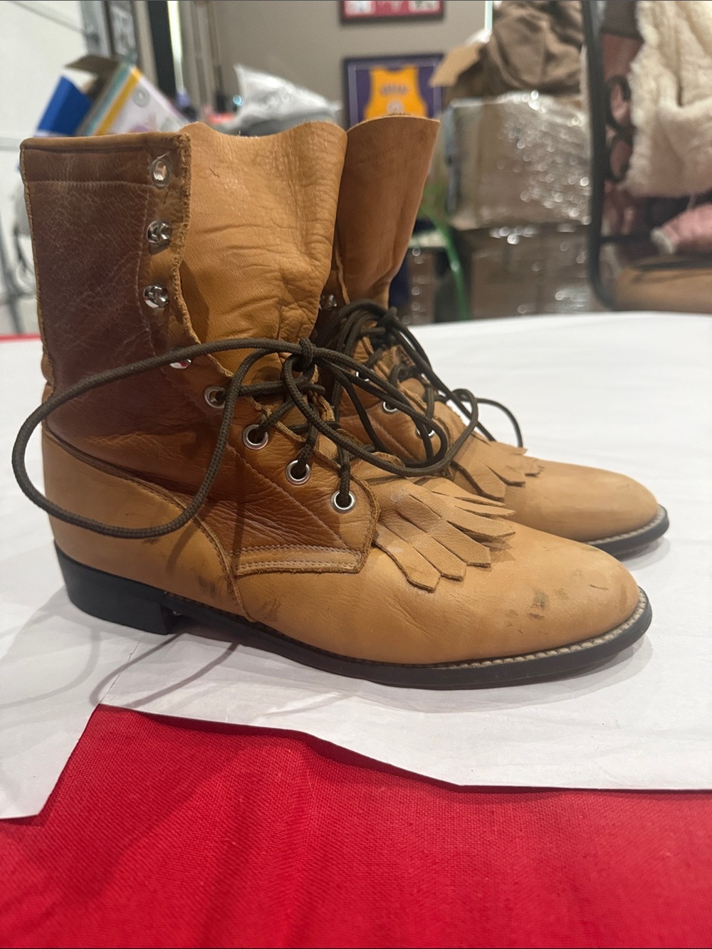 Women's vintage Tan Leather Fringe Lace-Up Boots